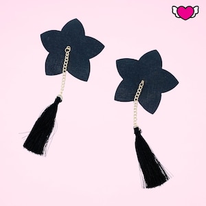 Black Vegan Leather Flower Pasties with Tassels / Burlesque Nipple Covers #30306