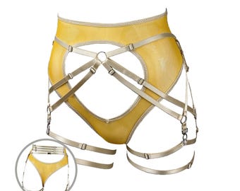 High Waist Mesh Thong with Cutouts & Detachable Garters Set / Strappy Lingerie - JACQUELINE #20260 Marigold, Hot Pink, Mint Green