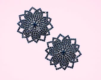 Sunburst Medallion Pasties with Black Crystals / Burlesque Pasties / Crystal Pasties #30320