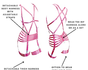 Pink Color Open Cup Body Harness with Webbed Suspenders, Detachable Full Body Harness #20233 - Adelle
