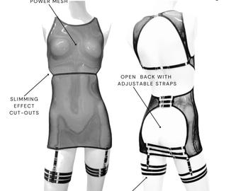 Backless Dress with Skirt Cut-out & Detachable Thigh Garters / See Thru Mesh Dress / Fishnet Dress With Sexy Skirt - Gabrielle #20292
