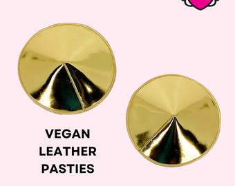 Vegan Leather Circle Pasties: Gold Tone Adhesive Nipple Covers