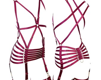 Wine Satin Webbed Body Harness: Detachable Suspender Belt