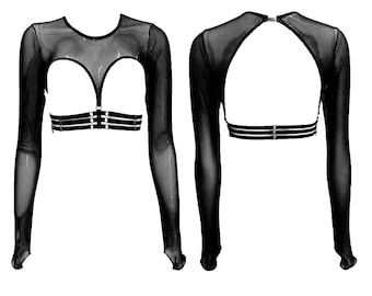 Open Cup Mesh Long Sleeve Crop Top with Harness - Daphne #20258