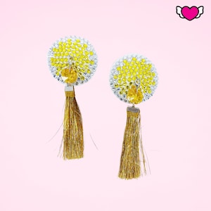 Yellow & Gold Beaded Pasties with Metallic Tassels / Burlesque Nipple Covers #30308