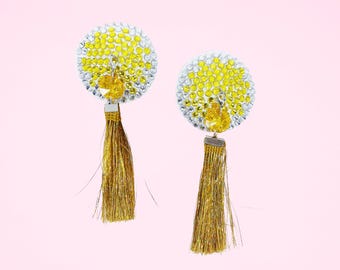 Yellow & Gold Beaded Pasties with Metallic Tassels / Burlesque Nipple Covers #30308