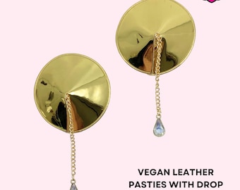 Vegan Leather Nipple Pasties: Gold Crystal Drop, Waterproof Adhesive 30341