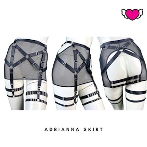 See Thru Fishnet Mesh Garter Skirt with Detachable Thigh Garters - Adrianna #20235