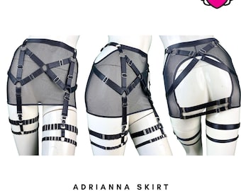 See Thru Fishnet Mesh Garter Skirt with Detachable Thigh Garters - Adrianna #20235