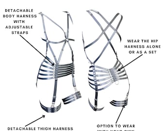 Smoke Gray Color Open Cup Body Harness with Webbed Suspenders, Detachable Full Body Harness #20233 - Adelle