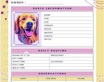 Diario para perros personalizado: rastreador de mascotas, visitas al veterinario, salud, comidas y más, PDF imprimible, organizador de cuidados para perros, libro de registro para perros.