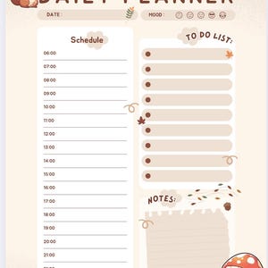 Puede incluir: Un planificador diario con temática otoñal. El planificador incluye secciones para programar, una lista de tareas y notas. El diseño presenta una ardilla, hojas y una ilustración de hongo. El texto "DAILY PLANNER" está en la parte superior.