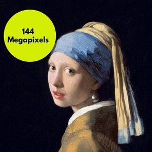 May include: A portrait of a young woman with a pearl earring, wearing a blue and yellow headscarf and a gold-colored jacket. The image includes a yellow circle with the text "144 Megapixels". The background is dark.