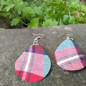 Upcycled Vintage Red Green White Plaid Fabric Handmade Teardrop Earrings Stainless Steel Fishhook 3&quot; BoHo Chic