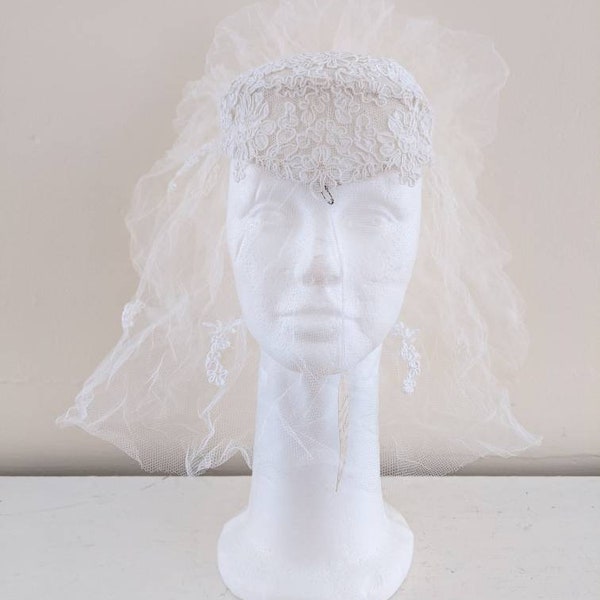 Vintage White Bridal Wedding Head Piece Hat Lace Veil Priscilla of Boston