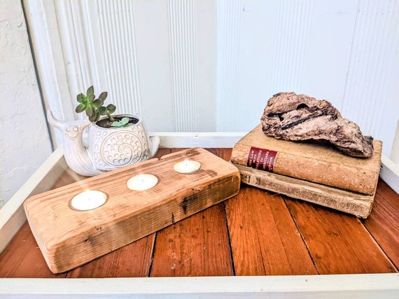 Reclaimed Rustic 2x4 Wood Board With Lath Three Tea Light Candle