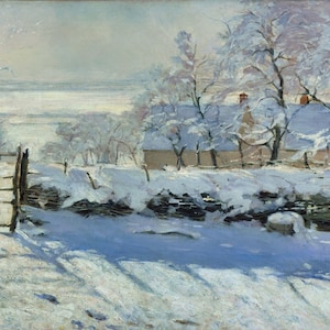 May include: A snowy landscape painting with a small house in the background, a wooden fence in the foreground, and a bird perched on a fence post. The sky is a pale blue, and the snow is white and fluffy.