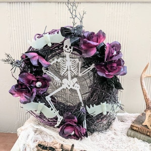 Spooky Glow In The Dark Skeleton and Bats Halloween Wreath