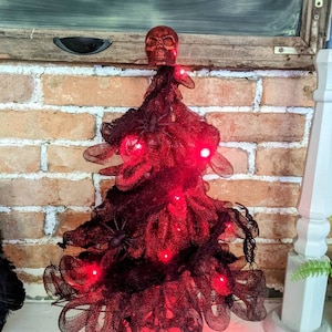 Pixie Red Light Pre-lit Gothic Red and Black Covered with Spiders and Shroud Cloth Winter Yule Christmas
