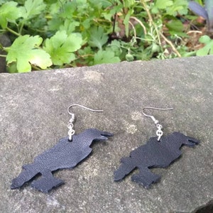 Vintage Spooky Black Raven Crow Upcycled Leather Handmade Earrings Stainless Steel Fishhook 2.5&quot; BoHo Witchy Odin