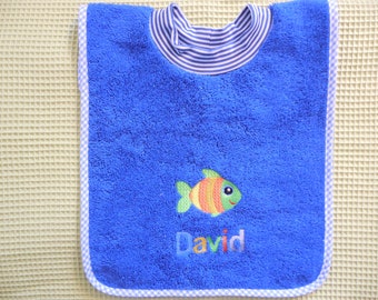 Towel bib with name and embroidered image