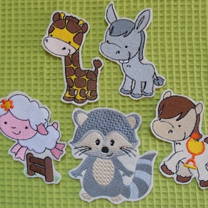 Appliqué opstrijkbare patch schapen giraffe ezel paard wasbeer