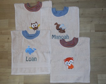 Towel bib with name and embroidered image