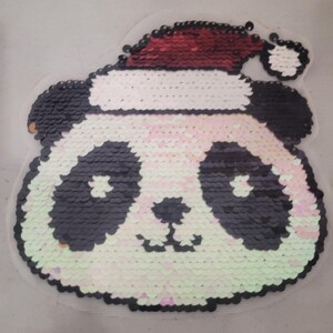 Reversible Flip Sequin Panda Patch with Santa Hat 6.5 Inch, Christmas Sew On Applique for Sweatshirts, Stockings and Bags