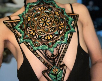 Ozara : Copper, and Teal Mandala necklace chest peice Extra Large