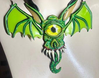 Green Monster One Eyed Cyclops Demon Bat Interchangeable Eye Personalized Goofy Cute Wearable Art Necklace bat wings