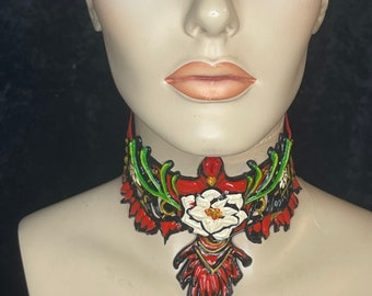 Wings of Eden : The Cardinal latex choker OOAK red with white flowers Machine Birds