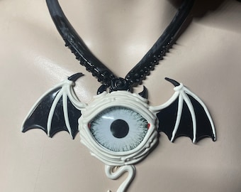 White Eyeball w/ Black wings Latex Necklace With Interchangeable Eye Devil Monster Toon