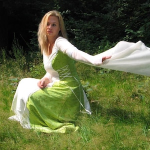Bridal dress here in green white with chiffon sleeves image 1