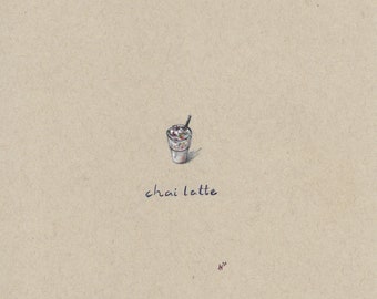 Fine Art Greeting Card/Print | Colored Pencil Mini Drawing | Chair Tea Latte Boba | Mini Food, Tiny Kitchen | Asian | Cute, Tiny Art
