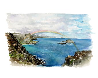 Fine Art Print | Watercolor, Painting | Beach | Waimanolo Bay | Oahu | Travel Art | Hawaii Beach | Turquoise, Ocean, Rainbow, Tropical