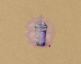 Carte de vœux d’art/| Crayon coloré Mini Dessin | Boba, Bubble Tea, Taro, Smoothie | Mur Art | Les | Art mignon et minuscule