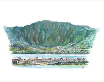 Fine Art Print | Watercolor, Painting | Koolau Mountains | Kaneohe | MCBH Hawaii | Travel Art | Island Life | Turquoise, Ocean, Green Mood