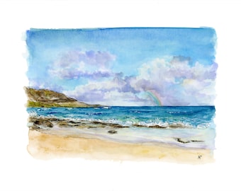 Fine Art Print | Watercolor, Painting | Beach | Kailua Oahu | MCBH Hawaii | Travel Art | Hawaii Beach | Turquoise, Ocean, Sand, Waves