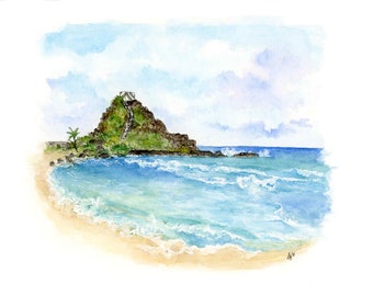 Fine Art Print | Watercolor, Painting | Beach | Pyramid Rock | MCBH Hawaii | Travel Art | Hawaii Beach | Turquoise, Ocean, Sand, Waves