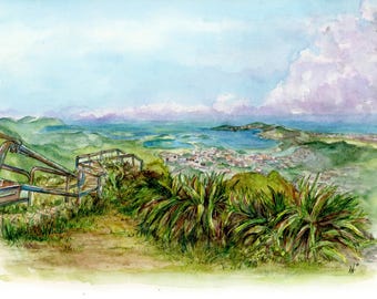 Stairway To Heaven | Fine Art Print | Watercolor, Painting | Oahu | MCBH Hawaii | Travel Art | Hawaii Beach | Turquoise, Ocean, Hiking