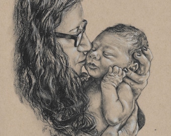Mommy and Me Drawing / 2 Subject Portrait / Mother Daughter Gift / Drawing from Photo / Family Portrait / Hand Drawn Portrait Art