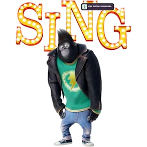 Pode incluir: Um gráfico digital apresentando a palavra SING em letras amarelas grandes estilo marquise com lâmpadas brilhantes. Abaixo do texto está um gorila de desenho animado vestindo uma jaqueta de couro preta, uma camiseta verde com um raio amarelo e calça jeans azul.