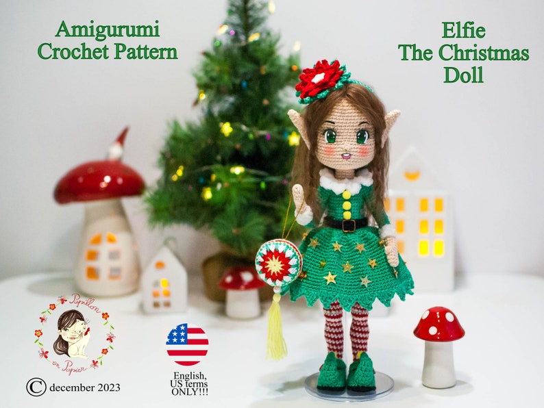 Patrón Amigurumi Elf Elfie la muñeca navideña crochet girl en inglés términos estadounidenses, proyecto de cuenta regresiva imagen 3