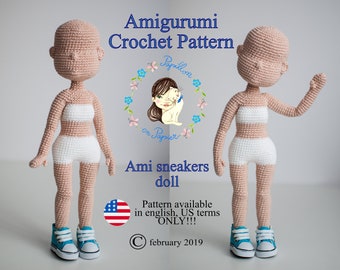 Muñeca ami zapatillas - patrón de crochet amigurumi para cuerpo de muñeca básico, base de muñeca de crochet, muñeco amigurumi, patrón de muñeco de peluche, diy