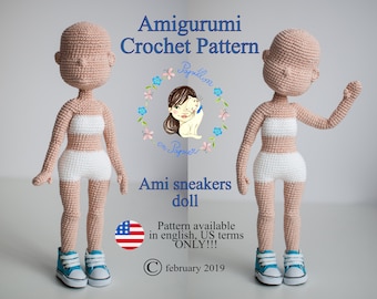 Ami sneakers doll - motivo all'uncinetto amigurumi per il corpo della bambola di base, base della bambola all'uncinetto, bambola amigurumi, modello di bambola ripiena, fai da te