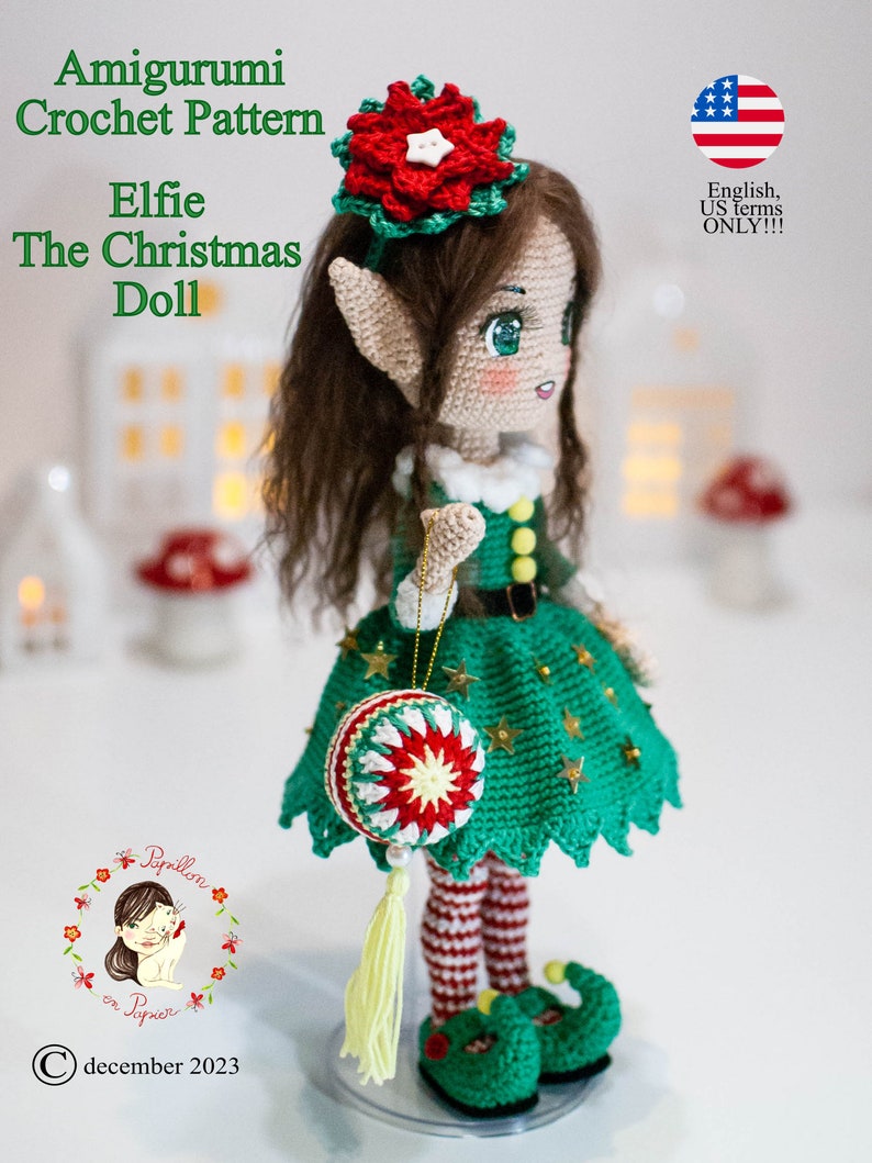 Patrón Amigurumi Elf Elfie la muñeca navideña crochet girl en inglés términos estadounidenses, proyecto de cuenta regresiva imagen 6