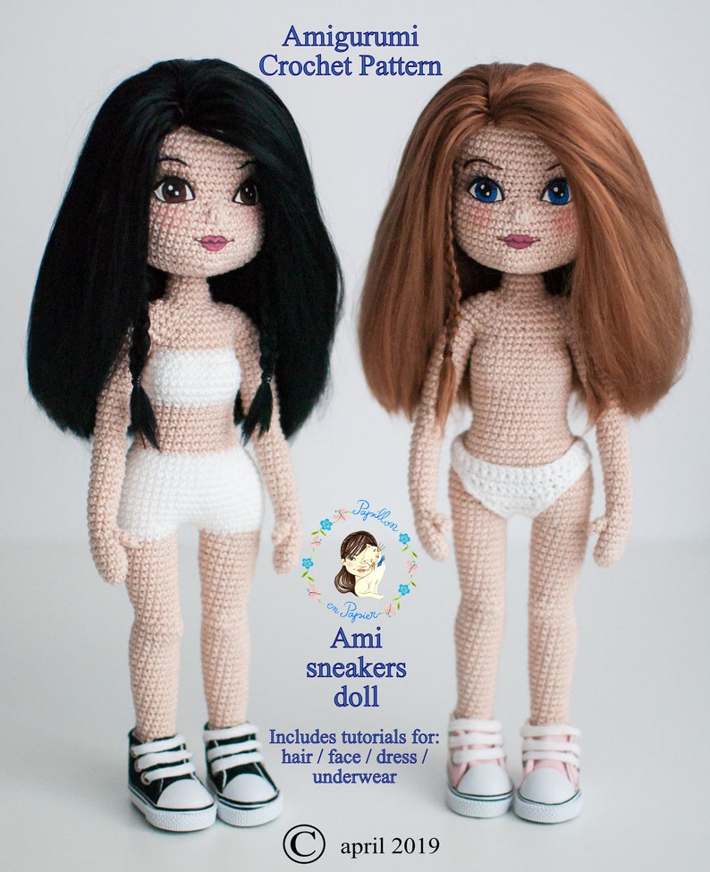 Personalizzazione per Tutorial per Bambola scarpe da ginnastica Ami modello amigurumi all'uncinetto, vestito da bambola all'uncinetto, bambola amigurumi, modello di bambola di pezza, fai da te immagine 4