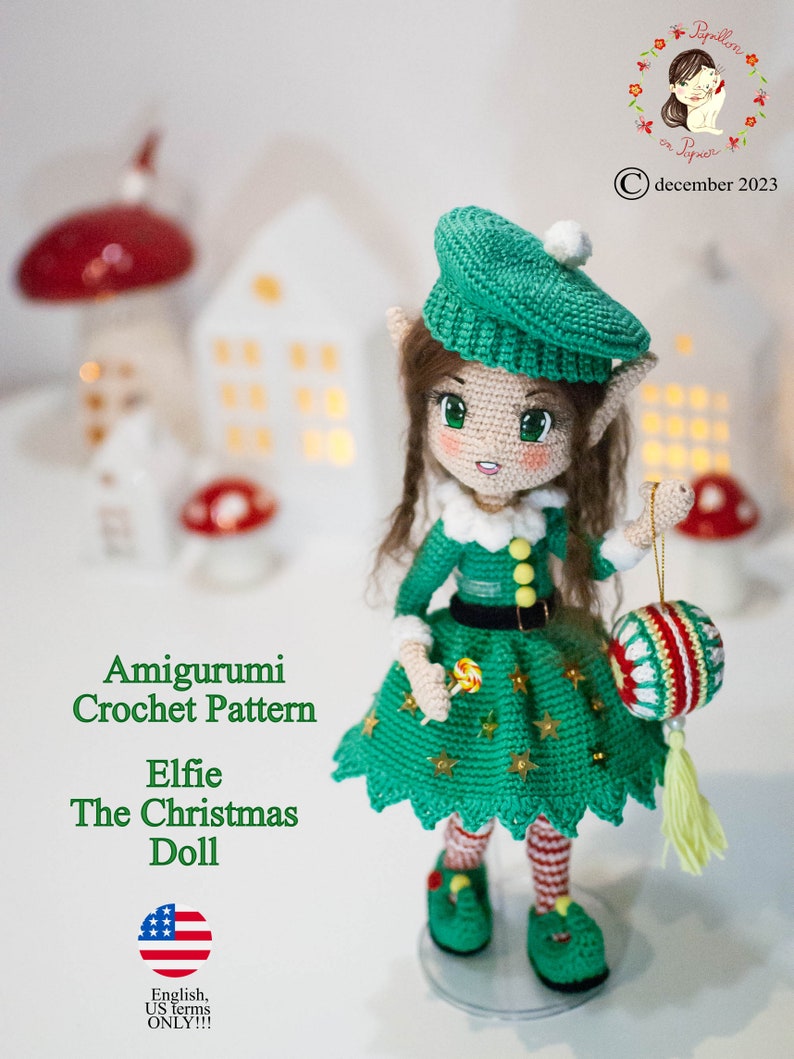 Patrón Amigurumi Elf Elfie la muñeca navideña crochet girl en inglés términos estadounidenses, proyecto de cuenta regresiva imagen 7