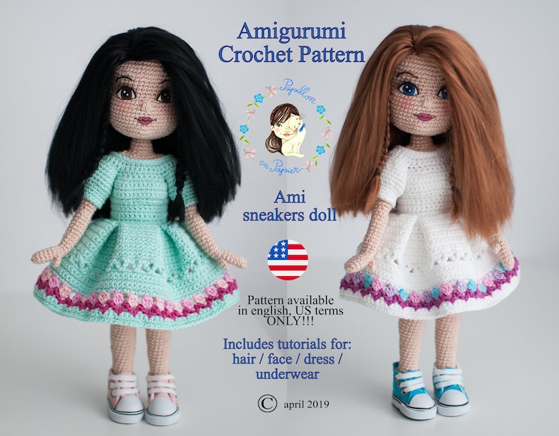 Personalizzazione per Tutorial per Bambola scarpe da ginnastica Ami modello amigurumi all'uncinetto, vestito da bambola all'uncinetto, bambola amigurumi, modello di bambola di pezza, fai da te immagine 1