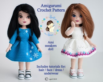 Pacchetto tutorial completo Ami la bambola delle scarpe da ginnastica - modello amigurumi all'uncinetto, vestito per bambola all'uncinetto, bambola amigurumi, modello per bambola di pezza, fai da te